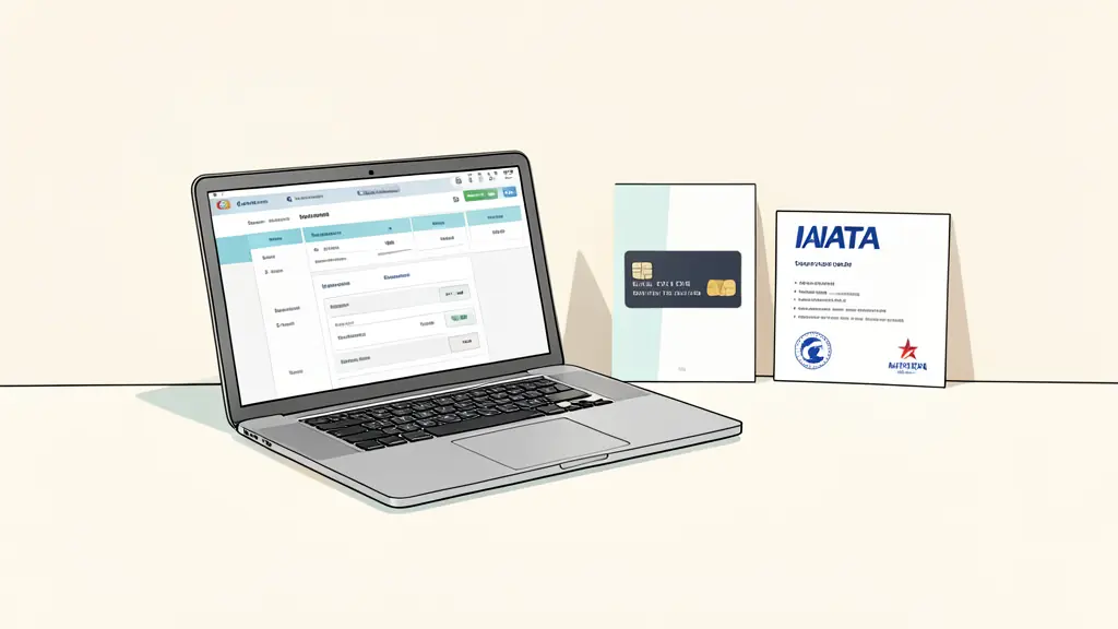 A professional desk with a laptop displaying a secure payment gateway, a corporate credit card, and an IATA certification document in the background