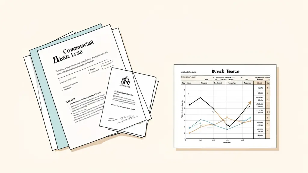 A professional desk with a signed commercial lease, a set of legal insurance documents, and a detailed financial spreadsheet showing a break-even chart.