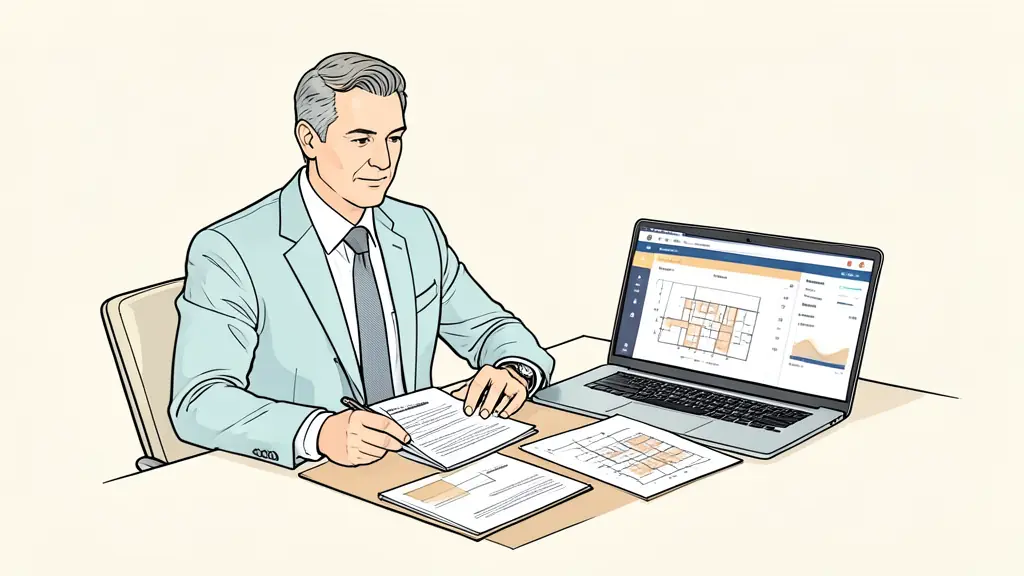Editorial photograph of a hotel executive reviewing two case briefs beside a laptop, with a portfolio performance dashboard and property plans visible on a conference table, no text or logos