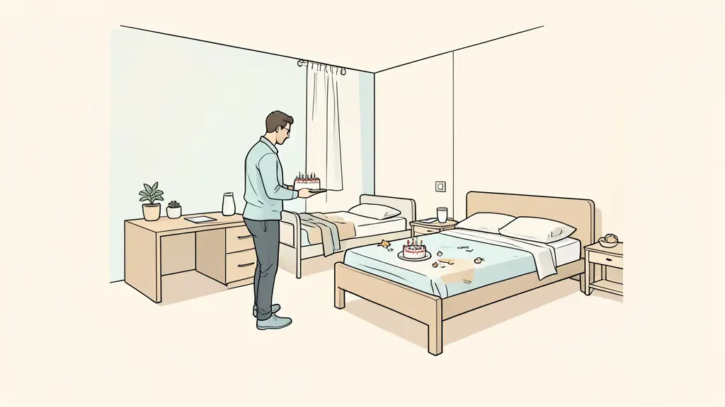Hotel guest experience lead reviewing an accessible room setup with a prepared cot and birthday amenity, editorial photography, no text or logo