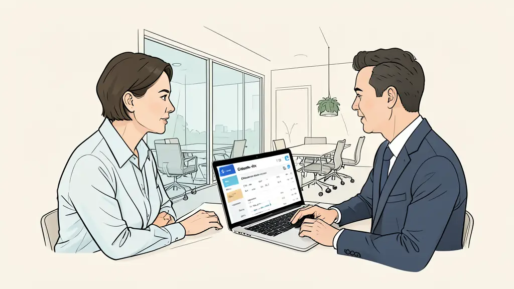 Hospitality consultant reviewing a hotel profit-and-loss model with a general manager, channel-mix dashboard on a laptop, property operations visible through a glass meeting-room wall