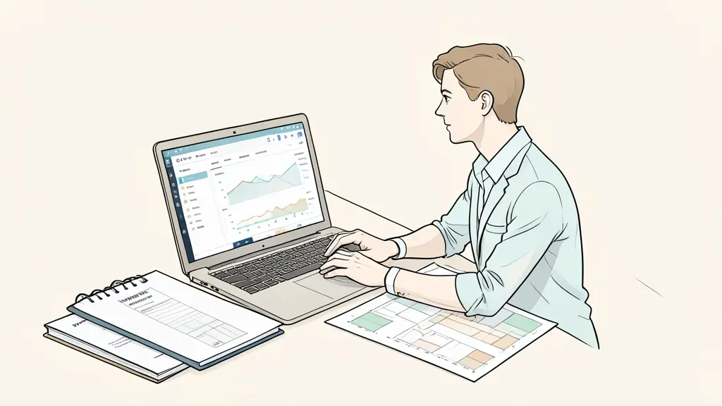 Hotel consultant reviewing a KPI dashboard on a laptop beside an SOP binder and an implementation roadmap in a hotel back office, editorial photography, no text or logo