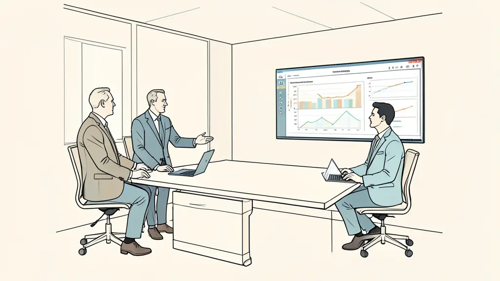Hotel executives reviewing a channel profitability matrix beside an operations dashboard and a staffing model in a modern conference room, no text, no logos