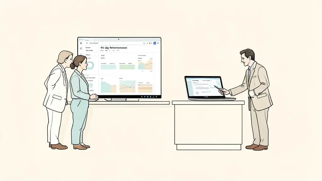 Hotel operators reviewing a 90-day performance dashboard while a department manager practices a revised SOP beside a revenue workstation, no text, no logos