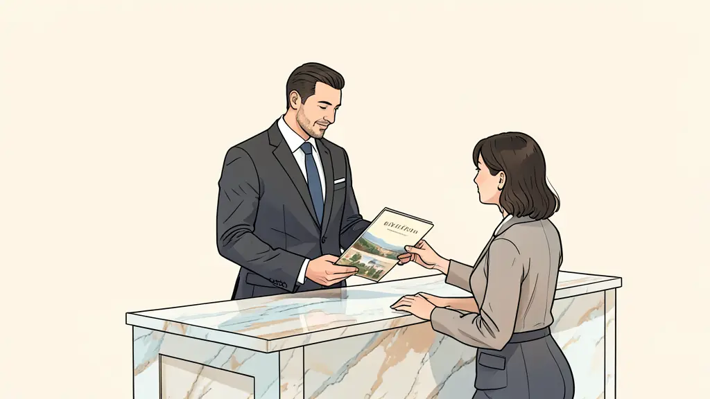 A professional hotel concierge in a tailored suit standing behind a polished marble desk in a luxury hotel lobby, interacting with a guest while referencing a high-end local guidebook, soft warm ambient lighting