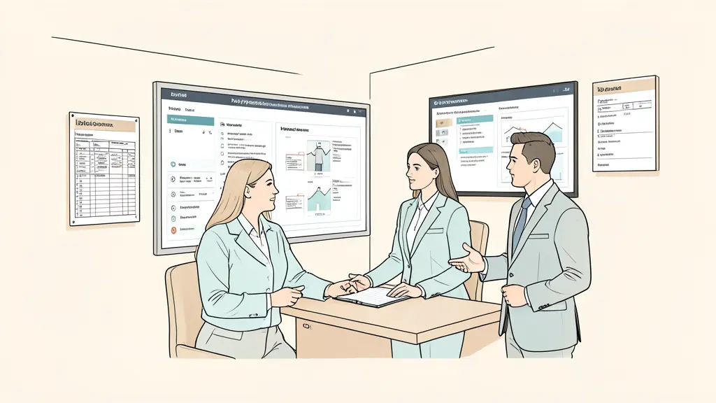 Hotel operations leaders reviewing a daily performance dashboard in a full-service hotel back office, with a housekeeping board and engineering work orders visible