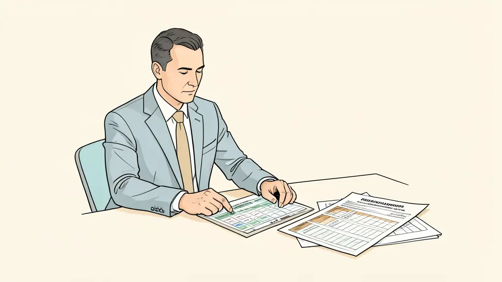 Hotel executive evaluating an operations job scorecard at a conference table, with staffing schedules and a deferred maintenance report nearby