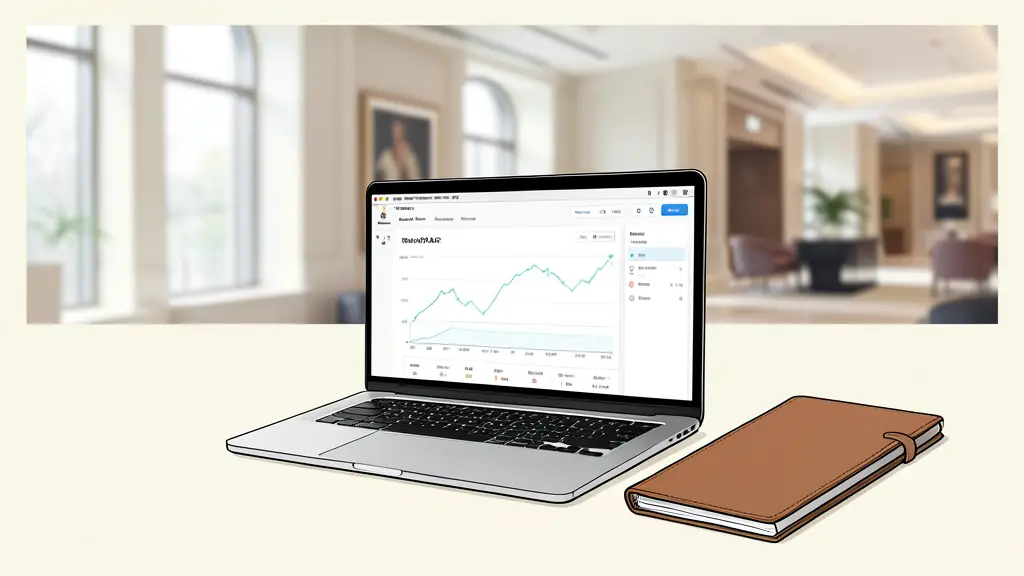 A professional office setting in a US city, showing a high-end laptop displaying a financial dashboard with RevPAR charts, a leather portfolio, and a blurred background of a luxury hotel lobby.
