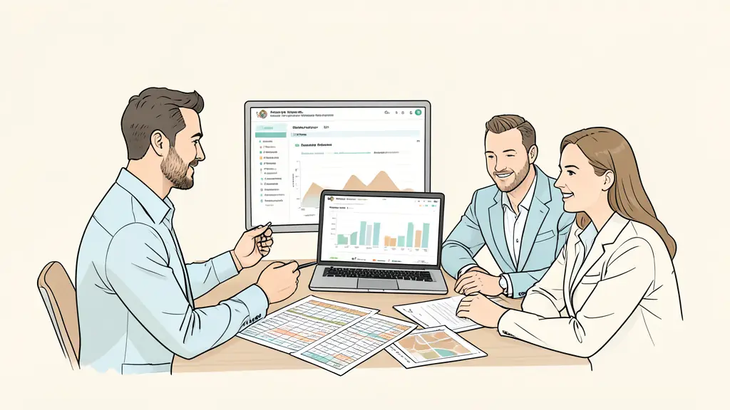 Hotel revenue director reviewing a multi-property forecasting dashboard with two commercial leaders, printed rate grids on the table, resort performance charts visible on a laptop