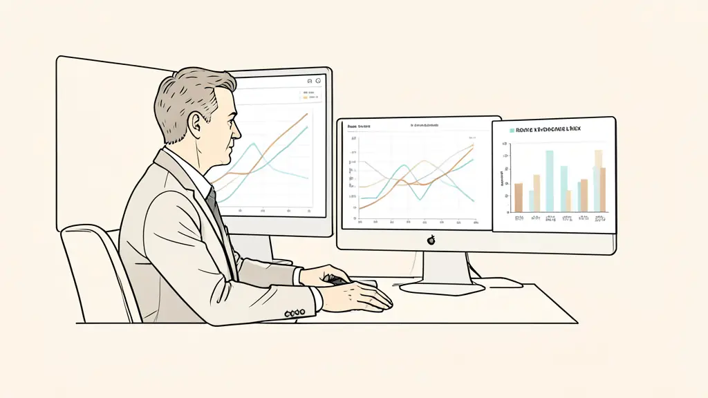 hotel revenue manager reviewing demand curves on dual monitors, room inventory grid beside a channel mix chart, upscale hotel office without text or logos