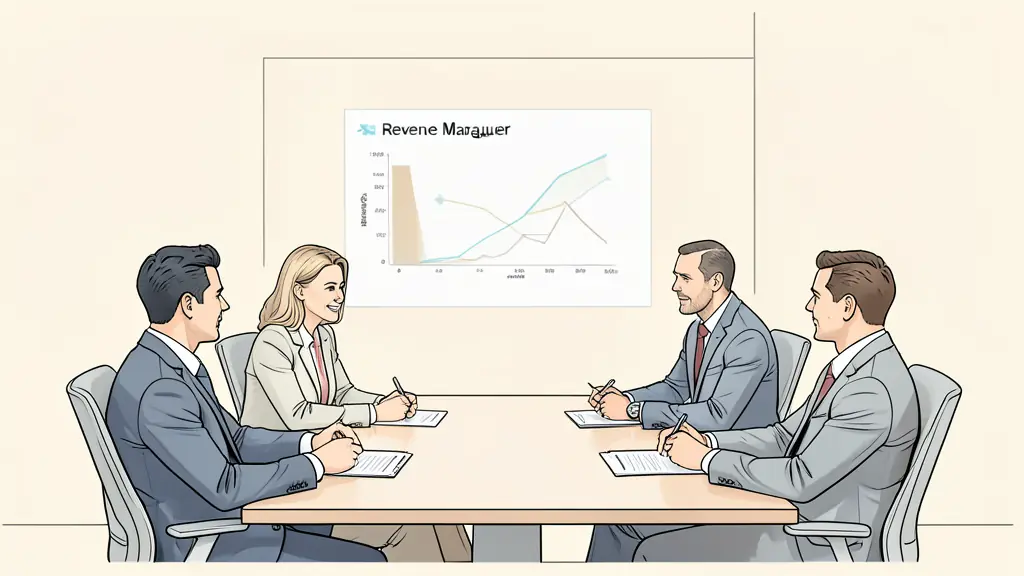 commercial strategy meeting with a revenue manager presenting forecast charts, sales and finance leaders reviewing channel economics, hotel boardroom without text or logos
