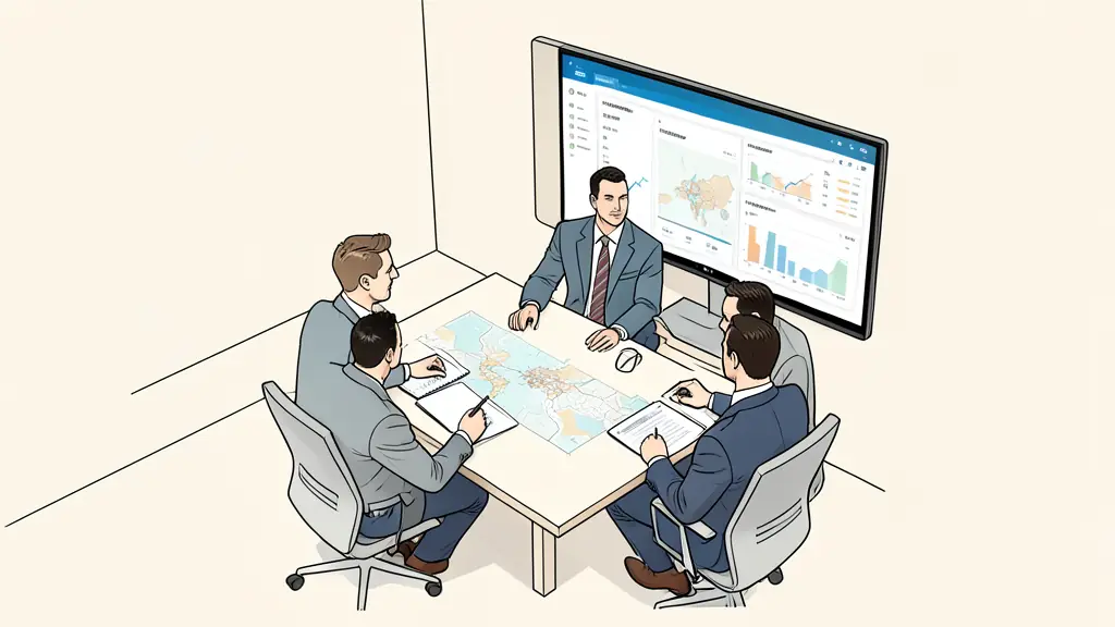 A high-angle professional shot of a modern hotel boardroom with a digital financial dashboard on the screen and three executives in business attire discussing a portfolio expansion map.