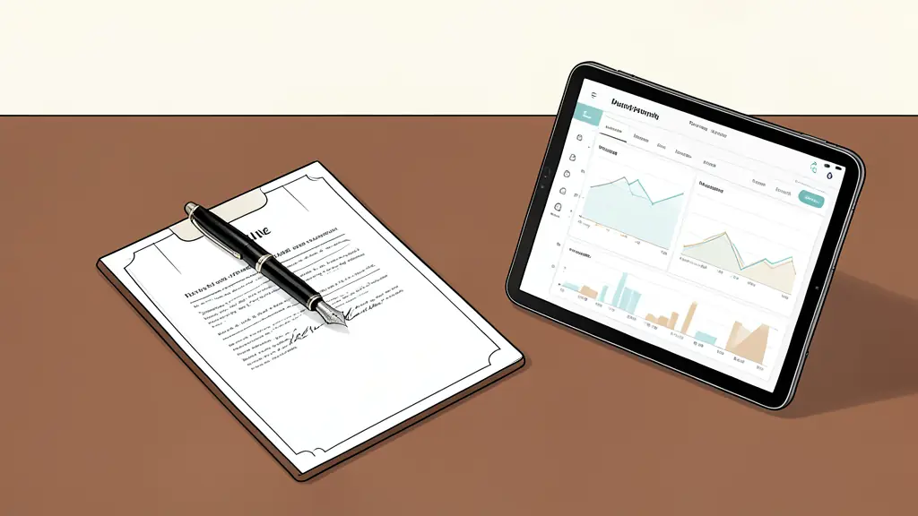 A professional business contract on a mahogany desk, a high-end fountain pen resting on a signature line, and a tablet showing a digital marketing performance dashboard with growth charts.