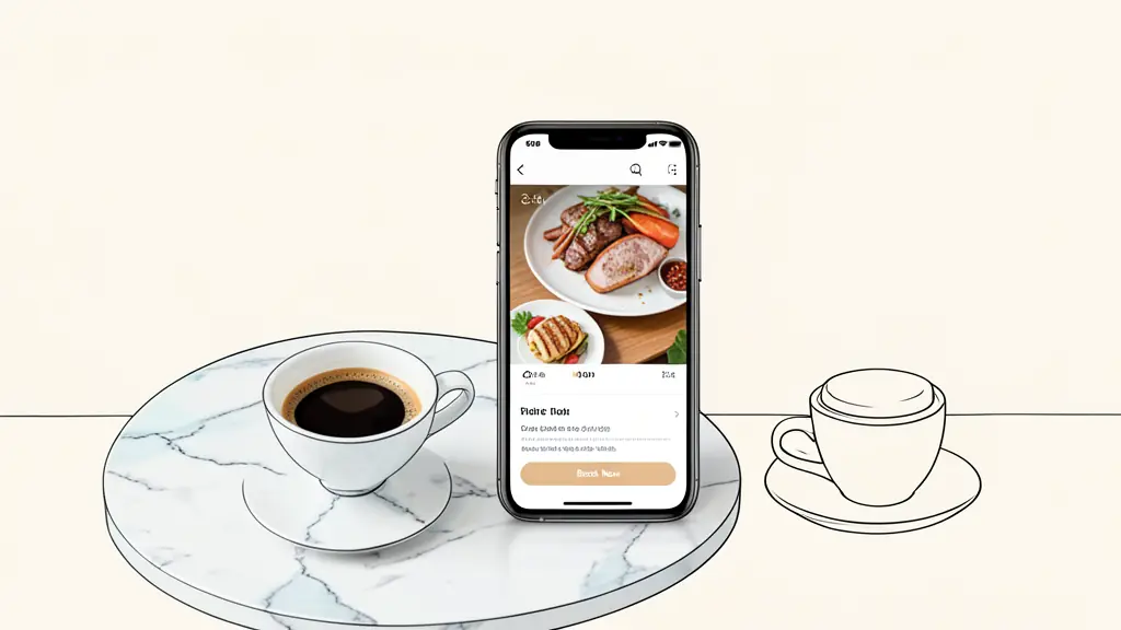 A high-end smartphone displaying a fast-loading restaurant menu with a prominent 'Book Now' button, placed on a marble tabletop next to a professional espresso