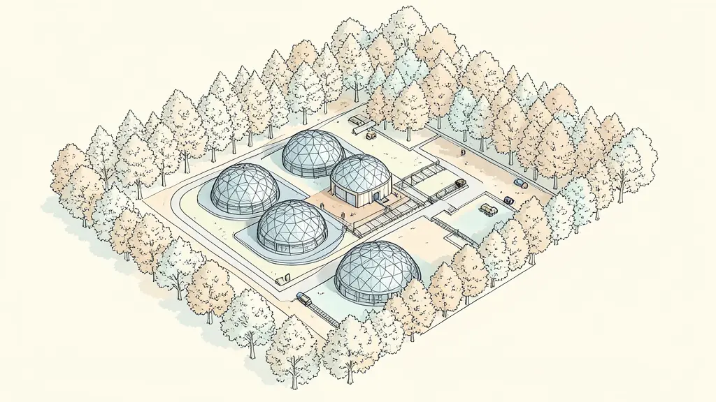 Aerial view of a luxury glamping site showing geodesic domes and a structured waste management system, integrated into a forest landscape, professional architectural photography