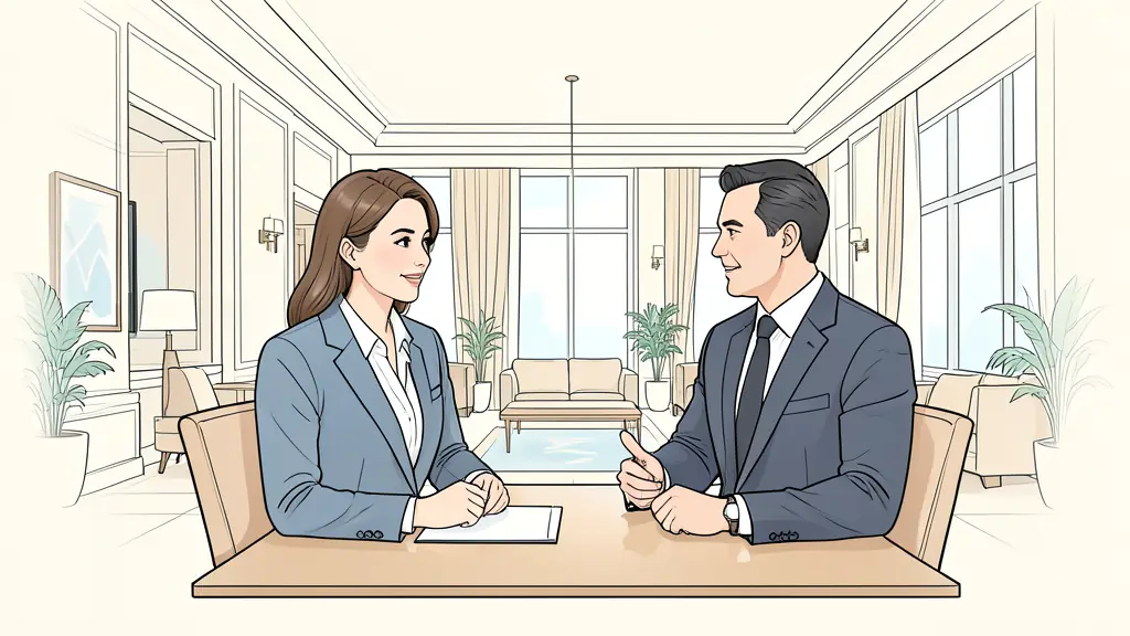A professional executive interview setting in a luxury hotel lobby, focusing on a confident candidate and a hiring manager, highlighting a balance of corporate professionalism and warm hospitality atmosphere